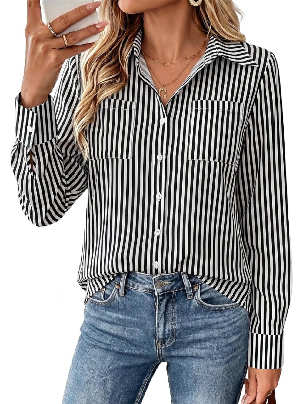 Women's Striped Black White Long Sleeve Shirts Button Down Top Casual Blouses